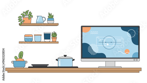 Home office or studio space combines a computer workstation with kitchen elements and decorative potted plants on shelves.