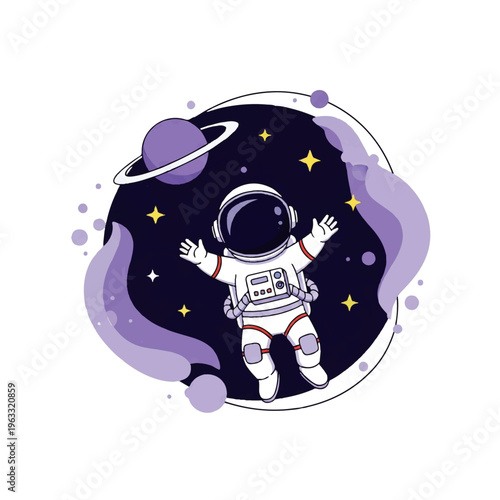 Cute vector flat design illustration of a happy astronaut floating in outer space with stars and a planet