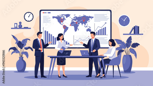 Corporate group participates in a global business presentation featuring a world map and data visualizations on a screen.