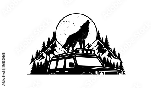 Offroad wolf silhouette car decal with mountains forest and moon vector sticker design