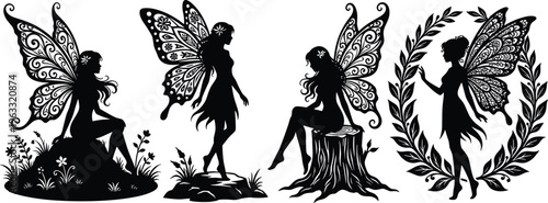 Set of four elegant fairy silhouettes with intricate floral wings sitting on tree stumps and forest elements for mystical designs