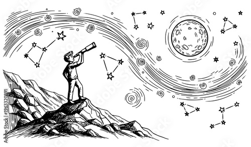 Creative Boy with Telescope Exploring Night Sky Constellations Black White Sketch Vector Landscape