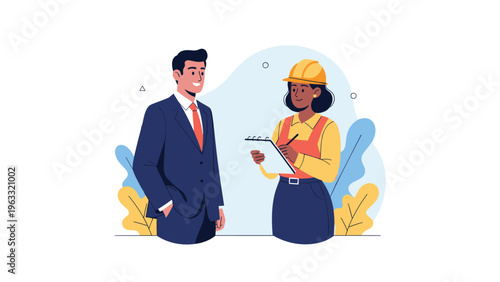 Professional businessman in a suit discusses a project with a female engineer wearing a hard hat and safety vest.