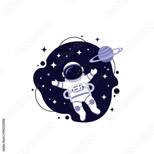 A minimalist Flat Design Ilustration Vector of an astronaut floating in space with a planet and stars on a white background.