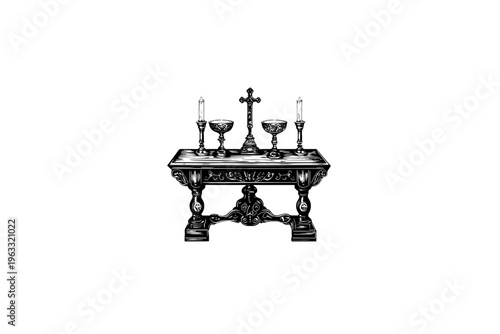 Altar Vintage Illustration, Vector, Hand Drawn Engraving Style,  Black and White 