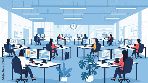 Large open plan office space is filled with numerous employees working at computer desks in a productive environment.