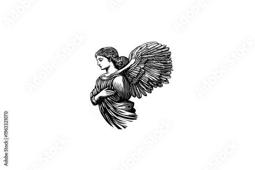 Angel vector illustration, black and white isolated 