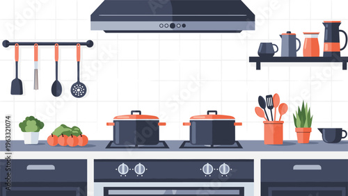 Clean and modern kitchen interior is equipped with a dark stove, cooking pots, and various kitchenware and utensils.