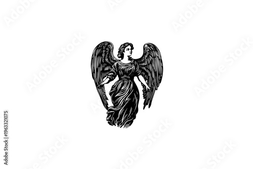 Angel Vintage Illustration, Vector, Hand Drawn Engraving Style,  Black and White 