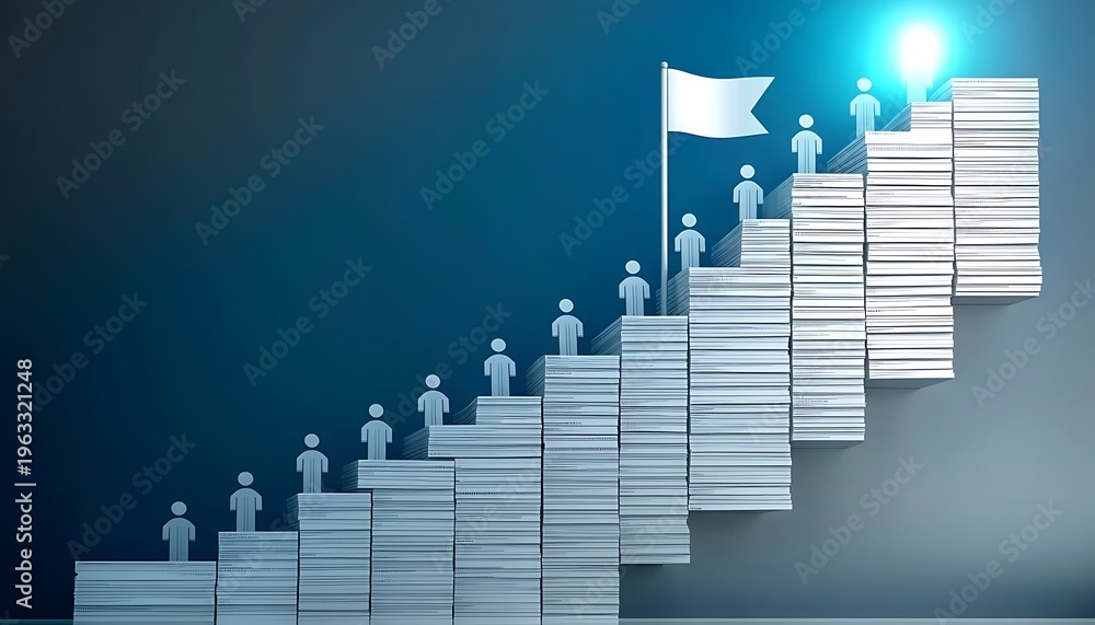 Obraz premium Steps made of documents leading up to flag on dark blue background symbolizing success.