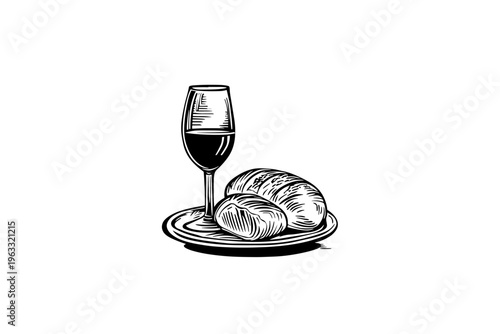 Bread and Wine vector illustration, black and white isolated religious symbol for Easter, church faith logo and spiritual print.
