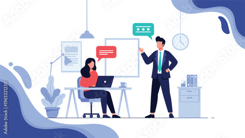 Two business partners communicate ideas in a modern workspace featuring digital speech bubbles and minimalist decor.