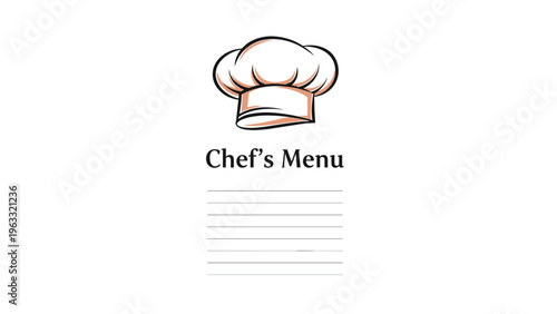 Elegant chef menu template features a classic white toque and horizontal lines for listing restaurant dishes and prices.