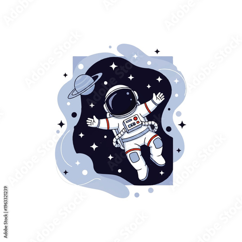 Flat design illustration vector of an astronaut floating in space with a planet and stars on a dark background.
