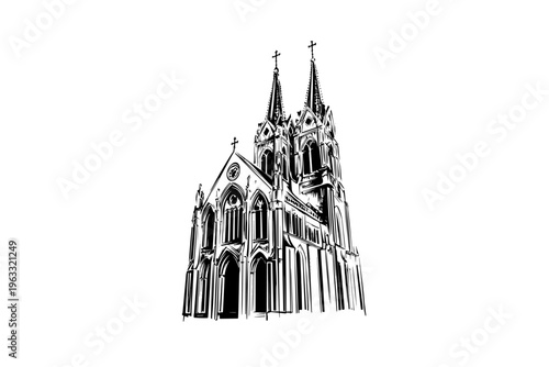 Cathedral Vintage Illustration vector illustration, black and white isolated 