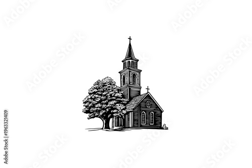 Church vector illustration, black and white isolated religious symbol for Easter, church faith logo and spiritual print.