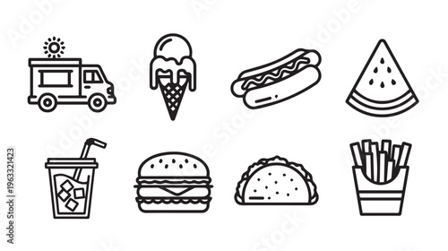 Fast Food Icons Set: Food Truck Ice Cream Hot Dog Watermelon Drink Burger Taco Fries