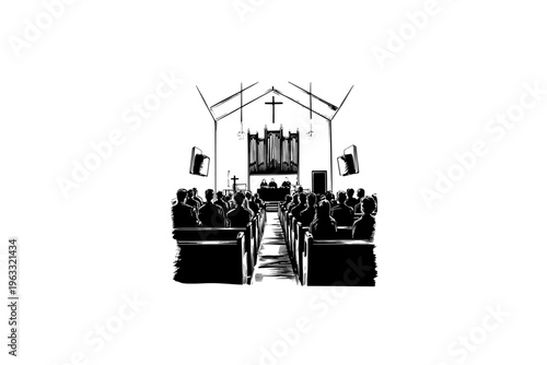 Church vector illustration, black and white isolated religious symbol for church faith logo and spiritual print.
