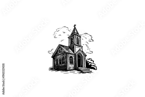 Church vector illustration, black and white isolated religious symbol for Easter, church faith logo and spiritual print.