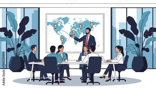 Professional speaker delivers a business presentation using a world map with location pins to an attentive corporate audience.