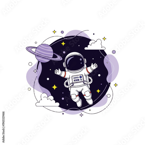 Vector flat design illustration of a cute astronaut floating in space with planets and stars, whimsical cosmic