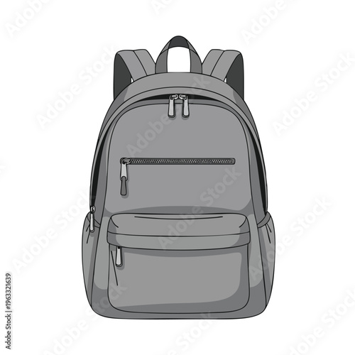 A minimalist, modern grey backpack with multiple zippered compartments and side pockets