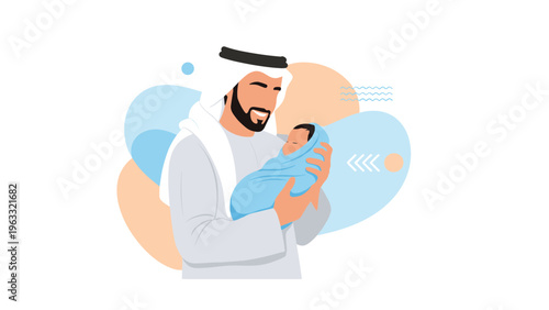 Arab father wearing traditional dishdasha holding his newborn baby with love and affection in gentle embrace against soft abstract background.