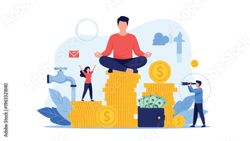 Successful investor meditating on top of money stacks while team monitors financial market trends and celebrates profitable business growth.
