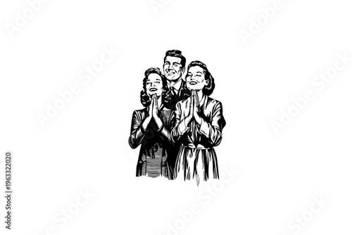 Faith people praying vector illustration, black and white isolated 
