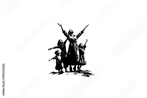 Faith woman with kids pray vector illustration, black and white isolated religious symbol, church faith logo and spiritual print.