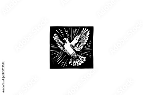 Holy spirit Dove vector illustration, black and white isolated religious symbol, church faith logo and spiritual print.