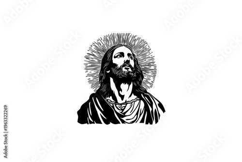 Jesus glory halo vintage vector illustration, black and white isolated