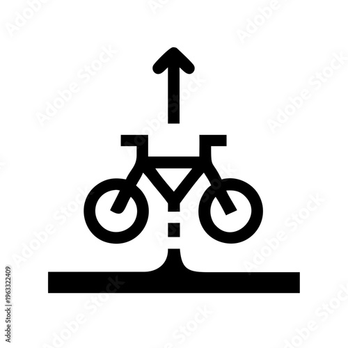 Minimalist bicycle lane icon with upward arrow, black bike path symbol for urban navigation, cycling direction sign vector isolated on white