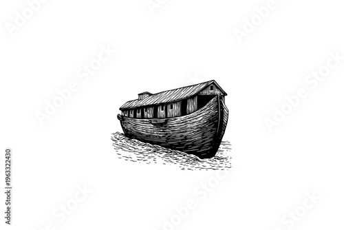 Noes Ark vector illustration, black and white isolated religious symbol church faith logo and spiritual print.