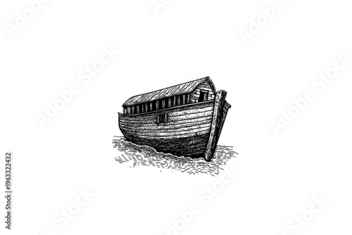 Noes Ark vector illustration, black and white isolated religious symbol, church faith logo and spiritual print.