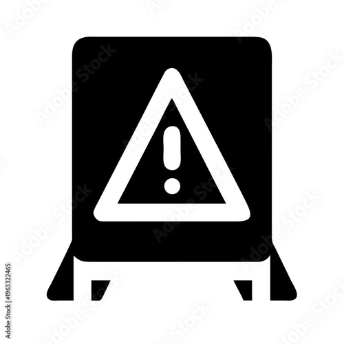 Caution wet floor sign vector icon, industrial safety warning board with exclamation mark, black and white floor hazard alert symbol for janitorial use