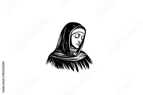 Nun vector illustration, black and white isolated religious symbol for Easter, church faith logo and spiritual print.