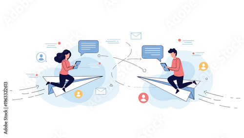 Creative concept of two people flying on giant paper airplanes while communicating through their digital tablets for fast connectivity.