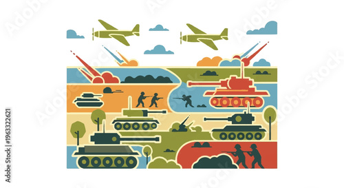 Military battle scene with tanks planes and soldiers illustration