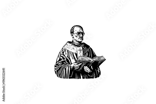 Priest vector illustration, black and white isolated religious symbol for Easter, church faith logo and spiritual print.