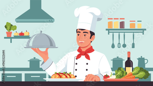 Professional chef smiling while presenting a platter of gourmet food rolls in a modern kitchen filled with fresh ingredients and wine.