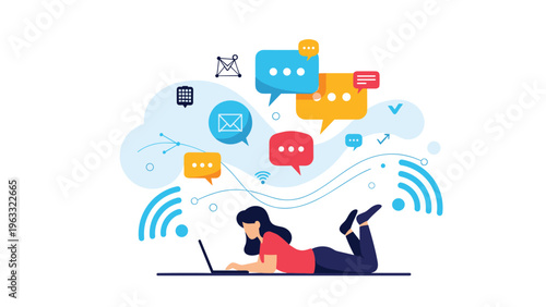 Freelancer lying on the floor working on a laptop surrounded by digital communication icons like messages, wifi, and emails for remote work.
