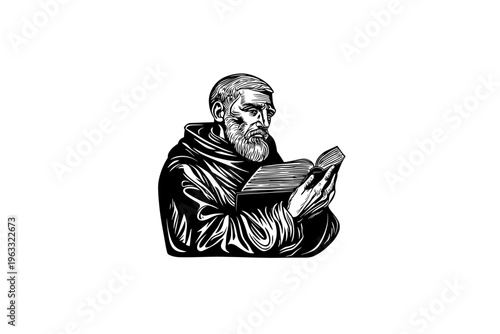 monk vector illustration, black and white isolated religious symbol, church faith logo and spiritual print.