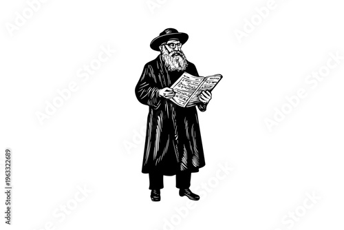 Rabbi vector illustration, black and white isolated religious symbol, church faith logo and spiritual print.