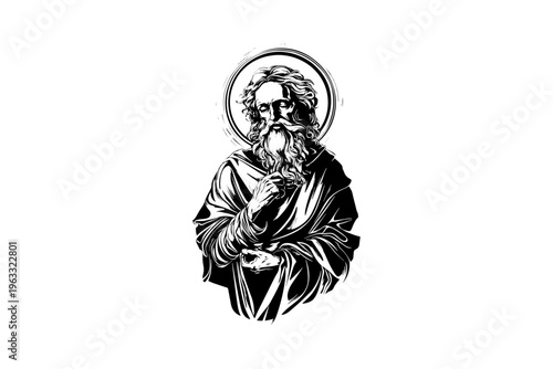 Saint Apostle vector illustration, black and white isolated religious symbol, church faith logo and spiritual print.