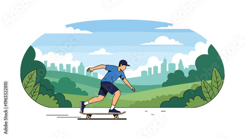Young man enjoying outdoor activity while skateboarding in green park with urban city skyline and buildings in distance under blue sky.