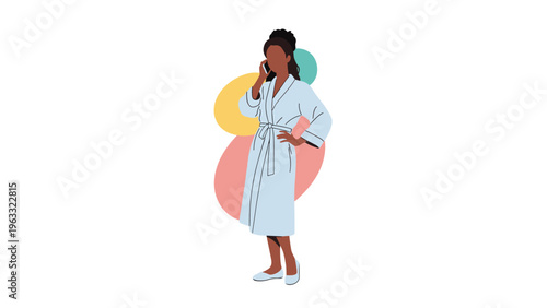 Woman in light blue bathrobe standing and talking on her mobile phone during morning routine at home with soft colorful background.