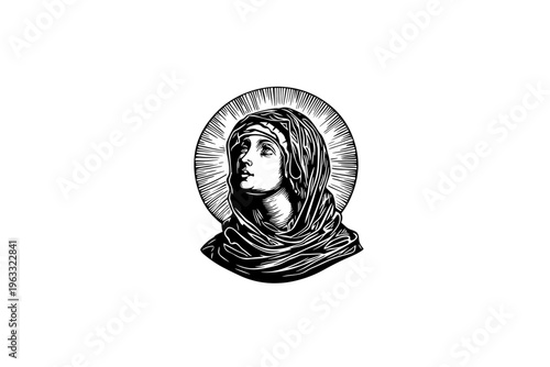 Saint maria vector illustration, black and white isolated religious symbol for Easter, church faith logo and spiritual print.