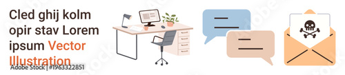 Cybersecurity, remote work, online threats, workplace safety, digital communication, phishing awareness. Desk with computer, chat bubbles malicious email with skull icon. Cybersecurity and remote
