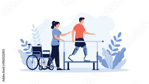 Physical therapist assisting man with prosthetic legs as he practices walking in rehabilitation clinic for recovery and disability support.